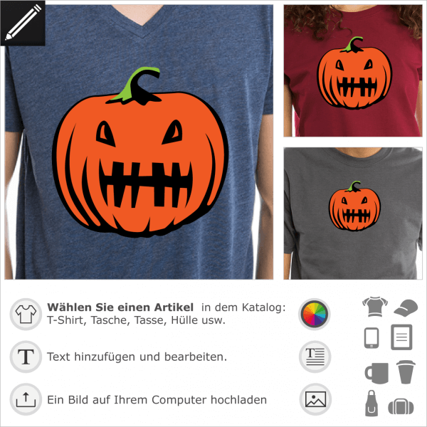 Zahnlos Krbis, 3 Farben Design fr Halloween T-Shirts. Personalisiere ein T-Shirt oder ein Accessoire fr Halloween mit diesem lustigen Krbis.