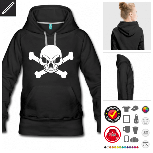 Totenkopf und Knochen Kapzenpullover selbst gestalten. Druck ab 1 Stuck