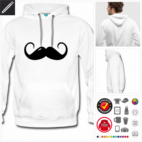 weisses moustache Hoodie gestalten, Druck ab 1 Stuck