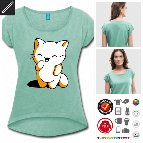 grünes Kätzchen kawaii T-Shirt selbst gestalten. Online Druckerei