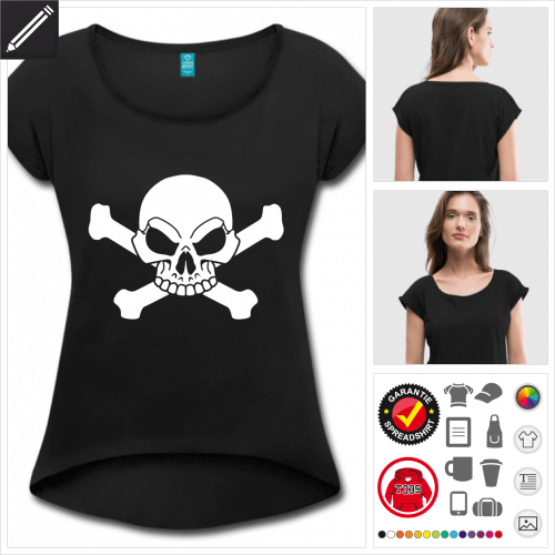 Frauen schwarzes Totenkopf T-Shirt selbst gestalten. Online Druckerei